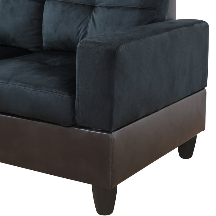 2 pc. Sectional with Ottoman in Midnight Black/Blue Flannel Microfiber and Brown Leather