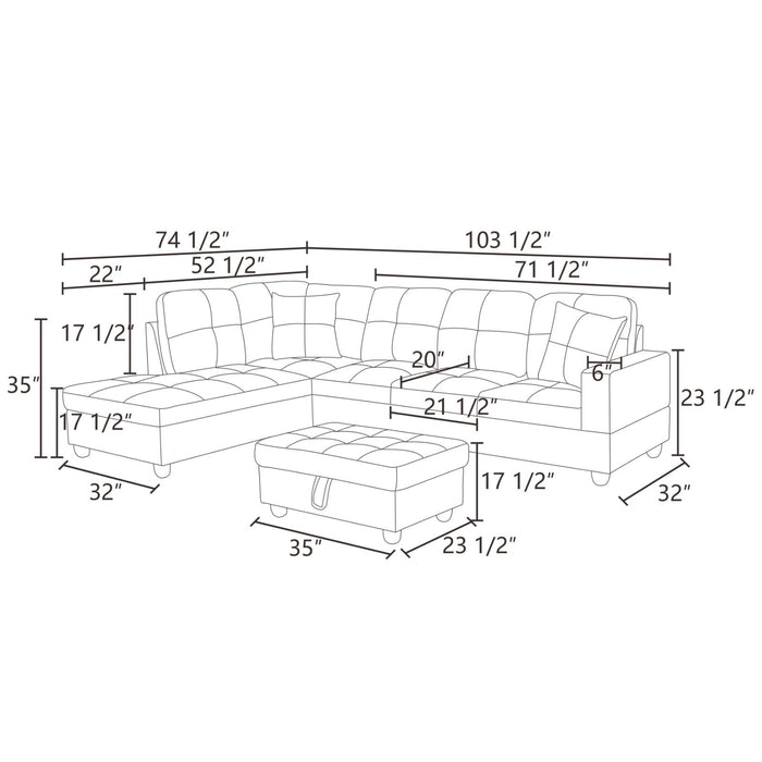 2 pc. Sectional with Ottoman in Midnight Black/Blue Flannel Microfiber and Brown Leather