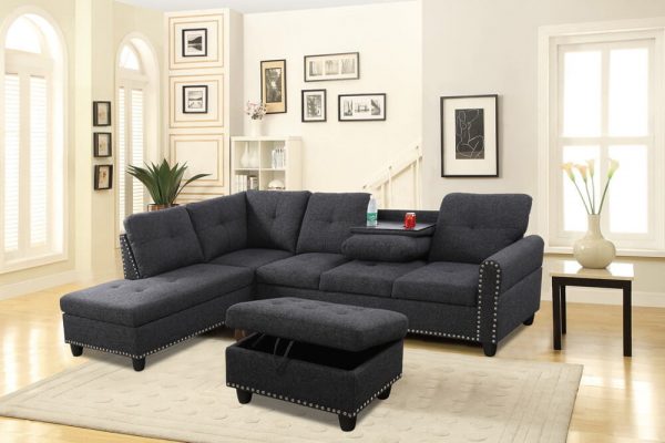 Dark Gray Flannel Sectional with Stud Details