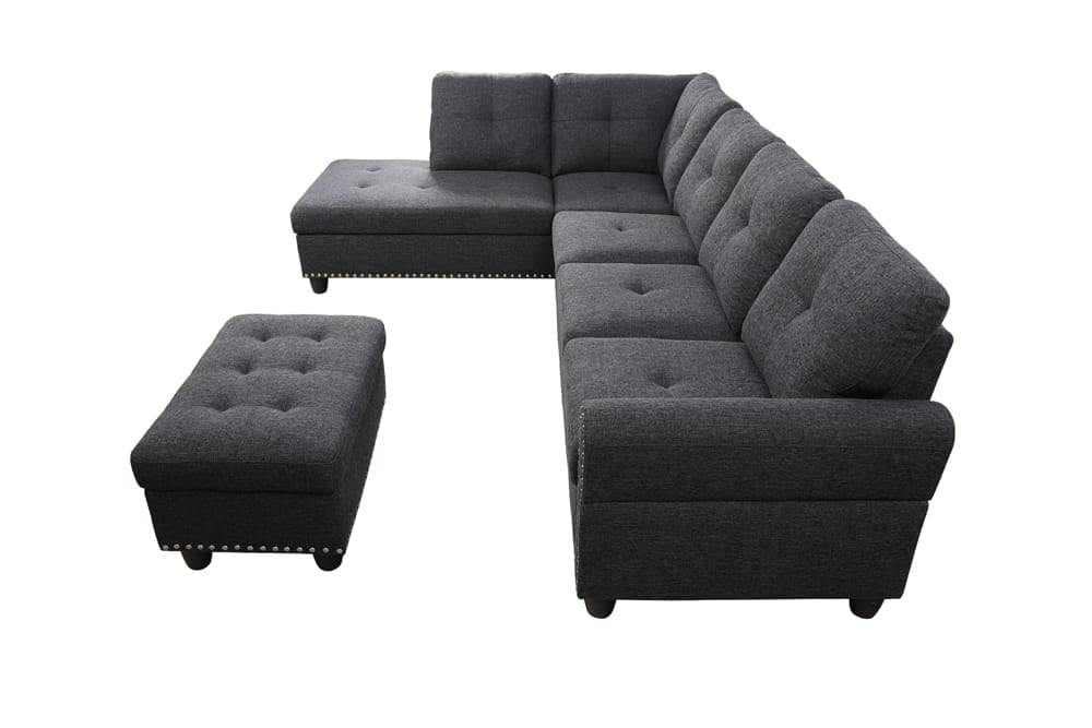 Dark Gray Flannel Sectional with Stud Details