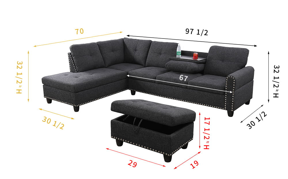 Dark Gray Flannel Sectional with Stud Details