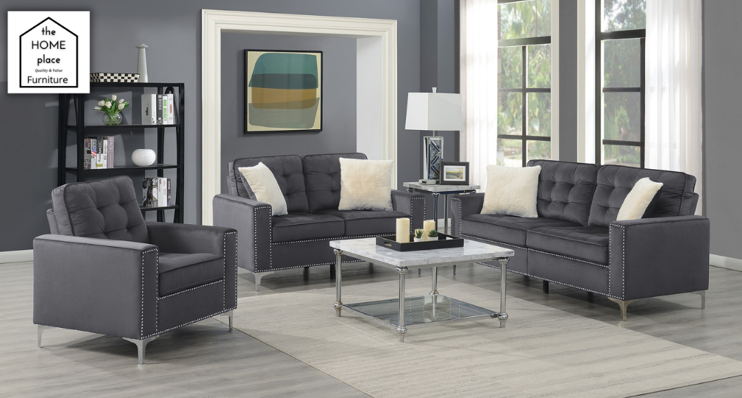 Gray Velvet Sofa and Loveseat Set