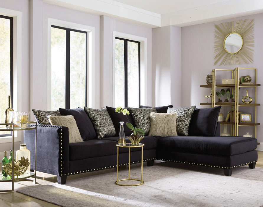 2 pc. Sectional in Black Velvet with Bronze Detail