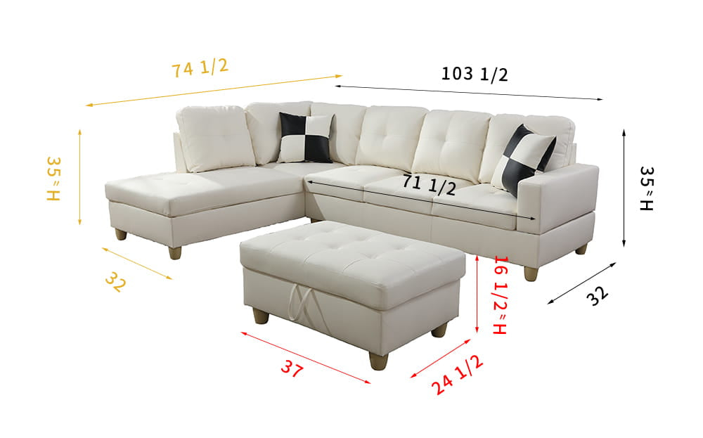 2 pc. Sectional with Ottoman in White Leather