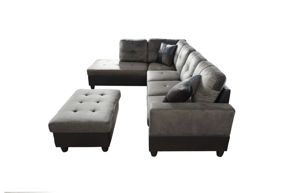 2 pc. Sectional with Ottoman in Gray Flannel Microfiber and Black Leather