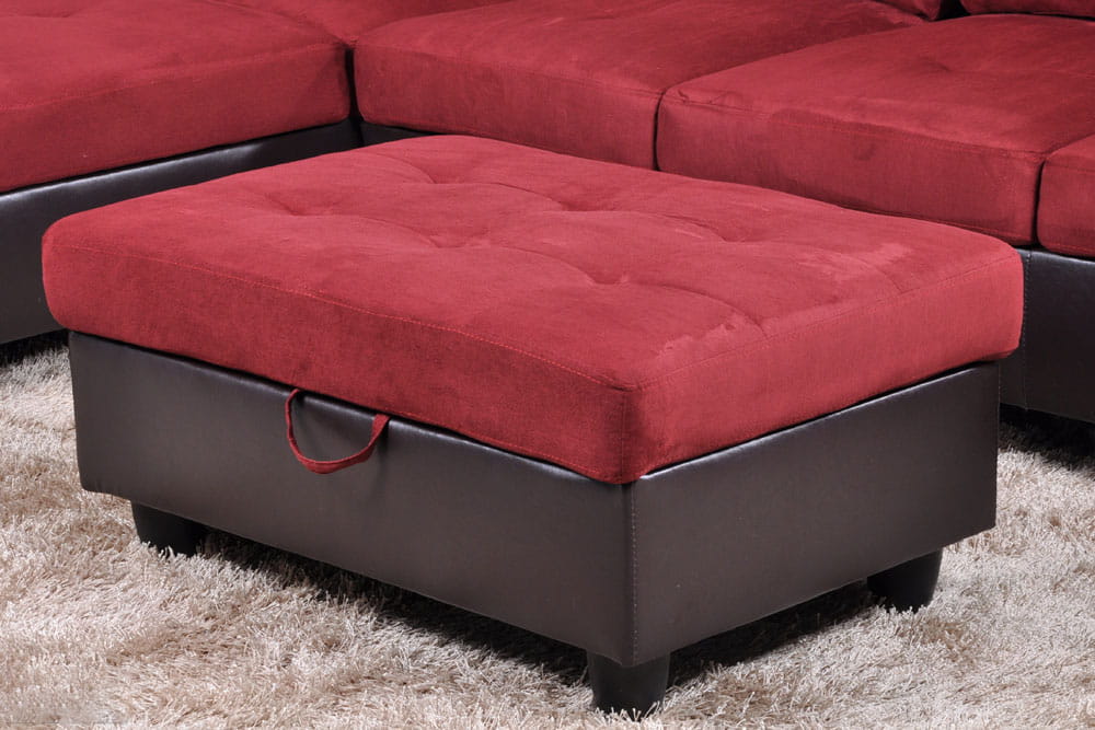 2 pc. Sectional with Ottoman in Red Flannel Microfiber and Brown Leather