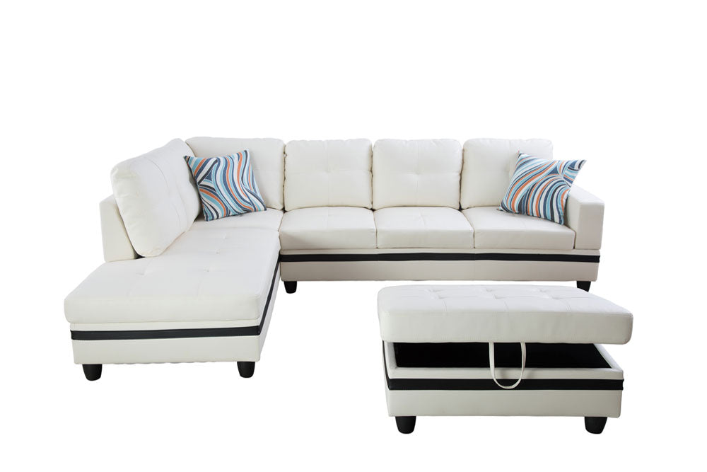 2 pc. Sectional with Ottoman in White Leather with Black Strip Detail