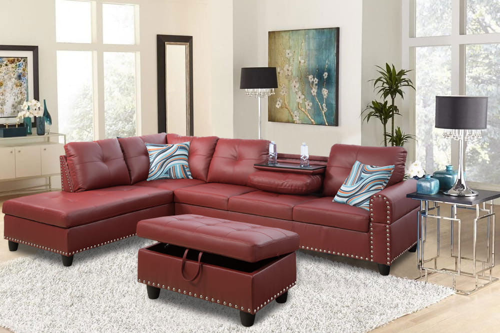 Red Leather Sectional with Stud Details