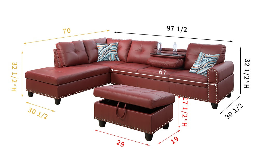 Red Leather Sectional with Stud Details